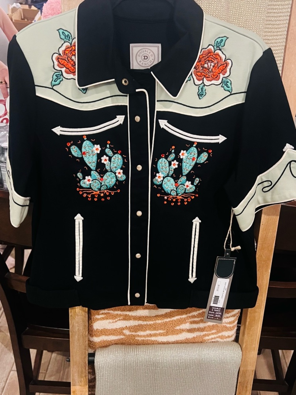 Double D Ranch Black Western rose/cactus Jacket with Turquoise & red Embroidery
